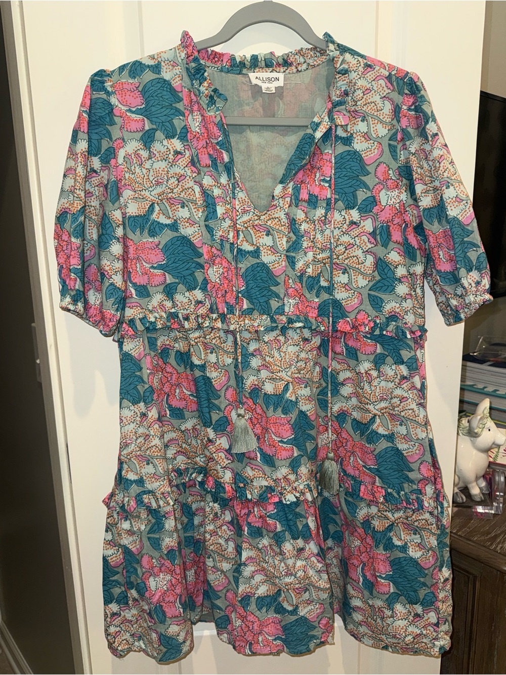 Allison Floral Tie-Front Mini Dress in Teal & Pink